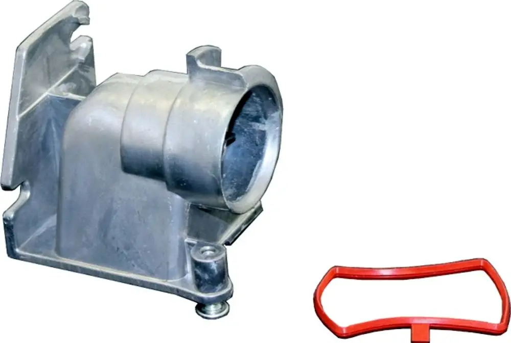 Halter für ein elektronisches Gaskombiventil, hergestellt von Wolf, aus Aluminium, mit einer roten Sicherungsband.
